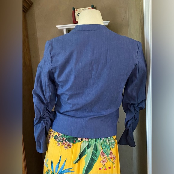 NWT! ESLEY Blue Cotton Blend Ruched Sleeve Open Cut Blazer Jacket - Small - Picture 2 of 16